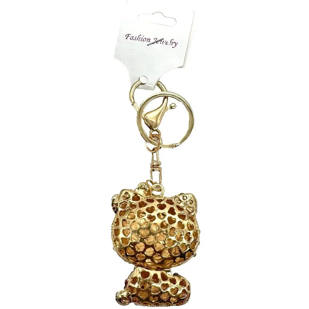 Hello Kitty Rhinestone Key Chain Bling Bag Charm Blue +Gold Purse Fob Head Moves